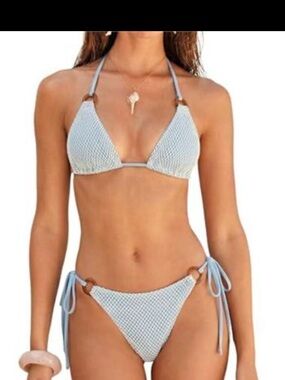 Zaful Light Blue Crochet Triangle Bikini with Ring Accents